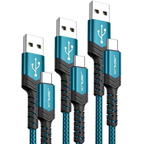 USB-C Cable 3A Fast Charging, JSAUX 3-Pack (10ft+6.6ft+3.3ft)USB A to Type C Charge Nylon Braided Cord Compatible with Samsung Galaxy S20 S10 S9 S8 Plus Note 10 9 8,PS5 Controller,USB C Charger(Green)