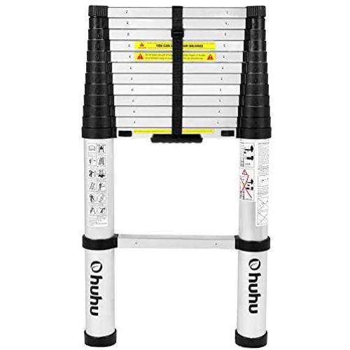 Ohuhu 12.5 FT Aluminum Telescoping Ladder, One-Button Retraction Extension Ladder, Collapsible Ladder with Spring Loaded Locking Mechanism for Roof, 330 Pound Capacity