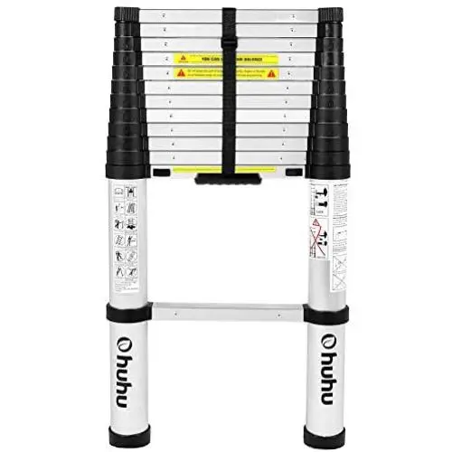 Ohuhu 12.5 FT Aluminum Telescoping Ladder, One-Button Retraction Extension Ladder, Collapsible Ladder with Spring Loaded Locking Mechanism for Roof, 330 Pound Capacity Ohuhu 12.5 FT Aluminum Telescoping Ladder, One-Button Retraction Extension Ladder, Collapsible Ladder with Spring Loaded Locking Mechanism for Roof, 330 Pound Capacity