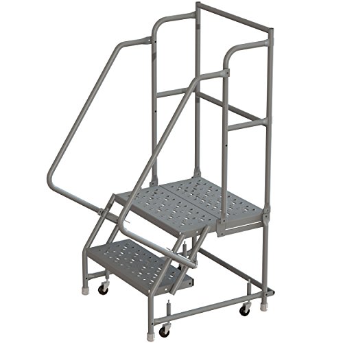 Tri-Arc KDSR102166-D2 2-Step 20'' Deep Top Steel Rolling Industrial & Warehouse Ladder with Handrails, 16'' Wide Perforated Tread