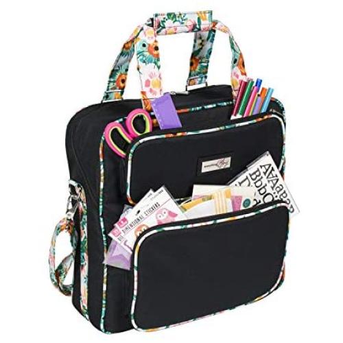 Everything Mary Deluxe Black & Floral Scrapbook Carrying Storage Tote - Compatible with Standard IRIS Boxes – Portable Travel Craft Bag with Handle & Shoulder Strap for Pages, Paper