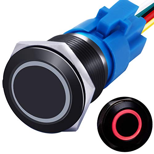 mxuteuk 19mm Momentary Push Button Switch 1 NO 1 NC SPDT ON/Off Black Metal Shell with 12v Red LED Ring with Wire Socket Plug Suitable for 3/4'' Mounting Hole M-19-O-B-R