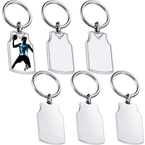 6 Pieces Sublimation Blanks Keychains Metal Basketball Jersey Blank Key Rings Heat Transfer Keychain Sublimation Keyrings for DIY Birthday Party Heat Press Sublimation Keychain Tags