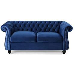 Christopher Knight Home Karen Traditional Chesterfield Loveseat Sofa, Navy Blue and Dark Brown, 61.75 x 33.75 x 27.75,306027