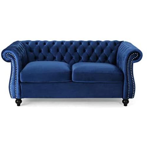 Christopher Knight Home Karen Traditional Chesterfield Loveseat Sofa, Navy Blue and Dark Brown, 61.75 x 33.75 x 27.75,306027