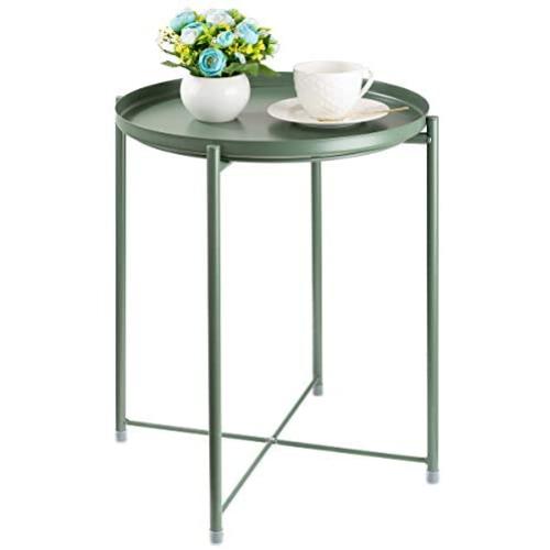 CERBIOR Tray End Table, Round Metal Tray Table Side Sofa Table Anti-Rust and Waterproof Outdoor & Indoor Snack Table Accent Coffee Table, Dark Green