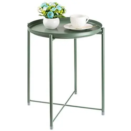 CERBIOR Tray End Table, Round Metal Tray Table Side Sofa Table Anti-Rust and Waterproof Outdoor & Indoor Snack Table Accent Coffee Table, Dark Green