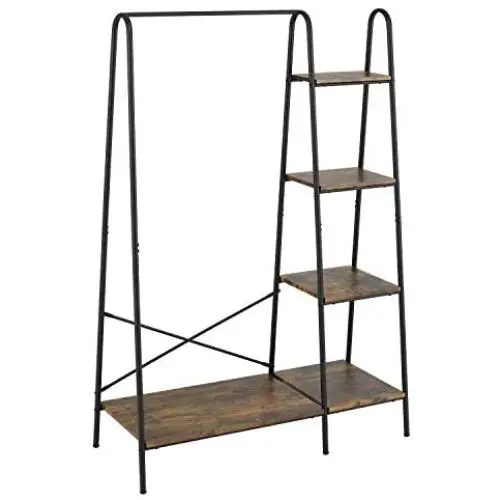 Finnhomy Metal Clothes Garment Rack with 4-Tier Wood Storage Shelves Heavy Duty Accent Furniture for Hanging Clothes/Folding Clothes/ Shoes/ Decors, Freestanding Closet Organizer for Bedroom/ Entryway / Boutiques, Matte Black Finnhomy Metal Clothes Garment Rack with 4-Tier Wood Storage Shelves Heavy Duty Accent Furniture for Hanging Clothes/Folding Clothes/ Shoes/ Decors, Freestanding Closet Organizer for Bedroom/ Entryway / Boutiques, Matte Black