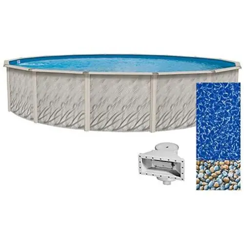 Lake Effect Meadows Reprieve 24 Round Above Ground Swimming Pool | 52'' Height | Resin Protected Steel Sided Walls | Bundle with Bedrock Pattern 25 Gauge Overlap Pool Liner and Widemouth Skimmer