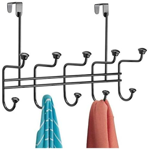 mDesign Decorative Metal Over Door 10 Hook Storage Organizer Rack - for Coats, Hoodies, Hats, Scarves, Purses, Leashes, Bath Towels, Robes, Mens and Womens Clothing - Black Chrome