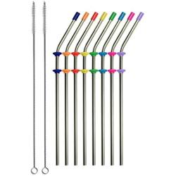 RAINIER Stainless Steel Metal Drinking Straws | Fits Yeti RTIC or Any 20 or 30 oz Tumbler| Extra Long Reusable Ecofriendly | Set of 8 Angled Straws with Silicone Silencers, Comfort Tips, 2 Brushes