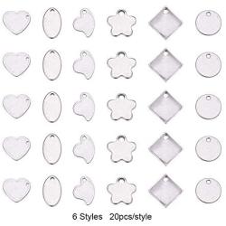 PandaHall Elite 120 Pcs 304 Stainless Steel Flat Round Oval Heart Star Flower Rhombus Blank Stamping Tag Pendants Charms 6 Styles for Jewelry Making