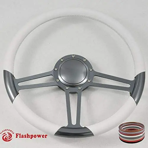 15.5'' Gun Metal Billet Steering Wheel Full Wrap with Horn Button-White 15.5'' Gun Metal Billet Steering Wheel Full Wrap with Horn Button-White