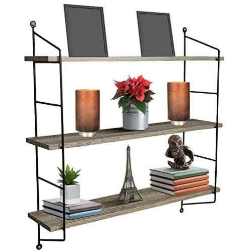 Sorbus Floating Shelf with Metal Brackets — Wall Mounted Rustic Wood Wall Storage, Decorative Hanging Display for Trophy, Photo Frames, Collectibles, and Much More (3-Tier – Grey)