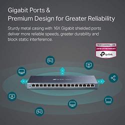 TP-Link 16 Port Gigabit Ethernet Network Switch, Desktop/ Wall-Mount, Fanless, Sturdy Metal w/ Shielded Ports, Traffic Optimization, Unmanaged, Limited Lifetime Protection (TL-SG116) Black