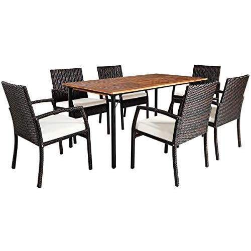 Tangkula 7PCS Patio Dining Set, Acacia Wood Wicker Dining Furniture Set with Sturdy Steel Frame & Umbrella Hole, Outdoor Dining Table Chair Set with Removable Cushions for Backyard, Garden, Poolside