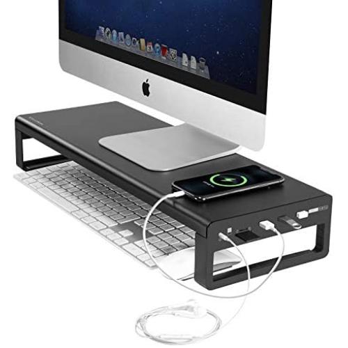 Vaydeer USB 3.0 Aluminum Monitor Stand Metal Riser, with 1 3.5mm Audio Port Connect Your Headset or Microphone, 1TF and 1 SD Built-in Card Readers Used Memory Cards for Read/Write(Black)