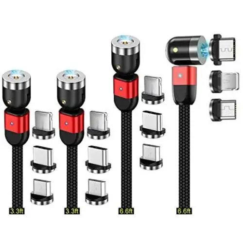 Magnetic USB Charging Cable Krsende 3in1 360°&180°Rotation Nylon Braided Cord Compatible with Mirco USB Type C Smartphone and iProduct Device-No Date Sync(4Pack/Red)