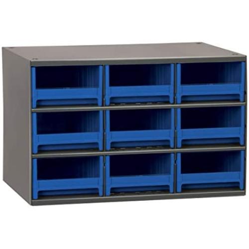 Akro-Mils 9-Drawer Steel Parts Craft Storage Cabinet Hardware Organizer, 19909, (17-Inch W x 11-Inch D x 11-Inch H), Gray Cabinet, Blue Drawers