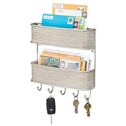 mDesign Wall Mount Metal Mail Organizer Storage Basket - 2 Tiers, 5 Hooks - for Entryway, Mudroom, Hallway, Kitchen, Office - Holds Letters, Magazines, Coats, Keys - Satin/Gray Wood Finish mDesign Wall Mount Metal Mail Organizer Storage Basket - 2 Tiers, 5 Hooks - for Entryway, Mudroom, Hallway, Kitchen, Office - Holds Letters, Magazines, Coats, Keys - Satin/Gray Wood Finish
