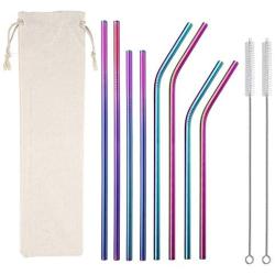 Metal Straws Stainless Steel Straws,Set of 8 10.5'' 8.5'' Reusable Rainbow Multi-Colored Drinking Straws for 30/20oz Tumbler Cold Beverage,Eco-friendly Metal Straws with 2 Cleaning Brushes 1 Case