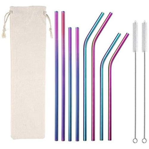 Metal Straws Stainless Steel Straws,Set of 8 10.5'' 8.5'' Reusable Rainbow Multi-Colored Drinking Straws for 30/20oz Tumbler Cold Beverage,Eco-friendly Metal Straws with 2 Cleaning Brushes 1 Case