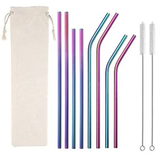 Metal Straws Stainless Steel Straws,Set of 8 10.5'' 8.5'' Reusable Rainbow Multi-Colored Drinking Straws for 30/20oz Tumbler Cold Beverage,Eco-friendly Metal Straws with 2 Cleaning Brushes 1 Case