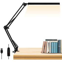 LED Desk Lamp, AXUF Metal Swing Arm Desk Lamp with Clamp, Eye-Caring Modern Architect Task Lamp, Dimmable Office Table Lamp with 3 Color Modes 10 Brightness Levels & Adapter, Memory Function,14W-Black