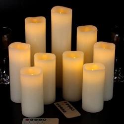 Vinkor Flameless Candles Battery Operated Candles 4'' 5'' 6'' 7'' 8'' 9'' Set of 9 Ivory Real Wax Pillar LED Candles with 10-Key Remote and Cycling 24 Hours Timer