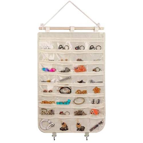 BB Brotrade Hanging Jewelry Organizer,Single Side 32 Clear PVC Pockets Wall Jewelry Storage with 2 Metal Hooks for Holding Jewelries (Beige)