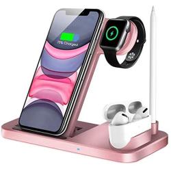 QI-EU Wireless Charger, 4 in 1 Qi-Certified Fast Charging Station Compatible Apple Watch Airpods Pro iPhone 12/11/11pro/X/XS/XR/Xs Max/8/8 Plus, Wireless Charging Stand Compatible Samsung Galaxy S20