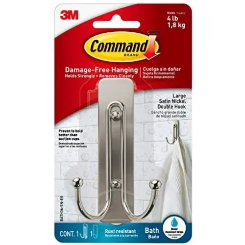 Command Large Double Bath Hook, Satin Nickel, 1-Hook, 1-Large Water-Resistant Strip, Organize Damage-Free Command Large Double Bath Hook, Satin Nickel, 1-Hook, 1-Large Water-Resistant Strip, Organize Damage-Free