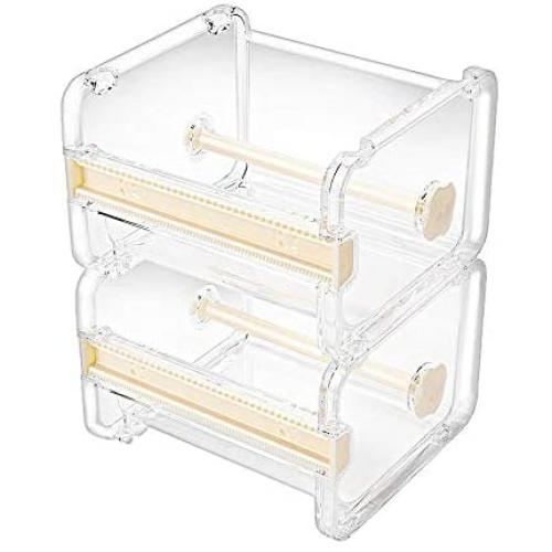 Molshine 2 Pack Transparent Visible Desktop Multi Washi Masking Tape Dispenser,Tape Cutter,Roll Tape Holder (Not Include Masking Tape) (Beige)