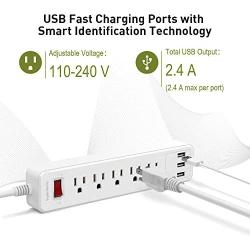 SUPERDANNY Mountable Surge Protector Power Strip with USB 5 Outlets 3 USB Ports Extension Cord with A Hook & Loop Fastener, for iPhone iPad Tablet PC Home Office Travel White