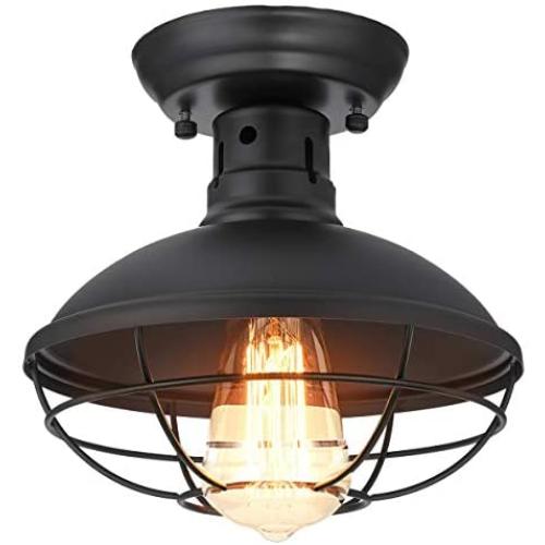 KingSo Industrial Metal Cage Ceiling Light, Upgrade E26 Rustic Mini Semi Flush Mounted Pendant Lighting Dome/Bowl Shaped Lamp Fixture Farmhouse Style for Foyer Kitchen Garage Porch Entryway