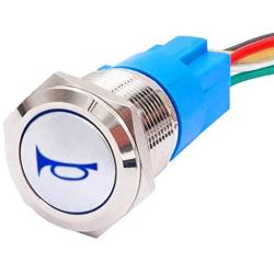 TWTADE 19 MM 12V Horn Push Button Blue LED Lighted Momentary Car Auto Flat Head Horn Switch Speaker Metal Toggle Switch with Prewiring Wires HORNP19-BU