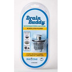 Drain Buddy Bathtub Drain Stopper with Hair Catcher Basket | Fits 1.5'' Wide x 1.25'' Deep Tub Drains | No Install Clog Prevention Tub Strainer | Premium Metal Chrome Cap