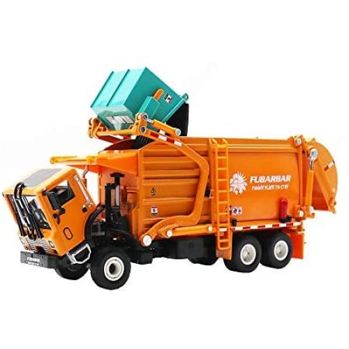 FUBARBAR Garbage Truck Toy, Model 1:43 Scale Metal Diecast Recycling Clean Trash Garbage Rubbish Waste Transport Truck Alloy Model Car Toy Garbage Cans for Kids Birthday Party Supplies(Orange)