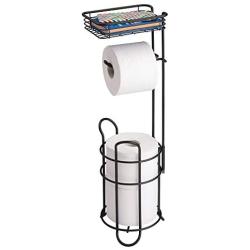 mDesign Freestanding Metal Wire Toilet Paper Roll Holder Stand and Dispenser with Storage Shelf for Cell, Mobile Phone - Bathroom Storage Organization - Holds 3 Mega Rolls - Matte Black