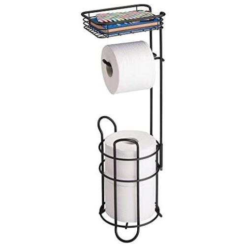 mDesign Freestanding Metal Wire Toilet Paper Roll Holder Stand and Dispenser with Storage Shelf for Cell, Mobile Phone - Bathroom Storage Organization - Holds 3 Mega Rolls - Matte Black