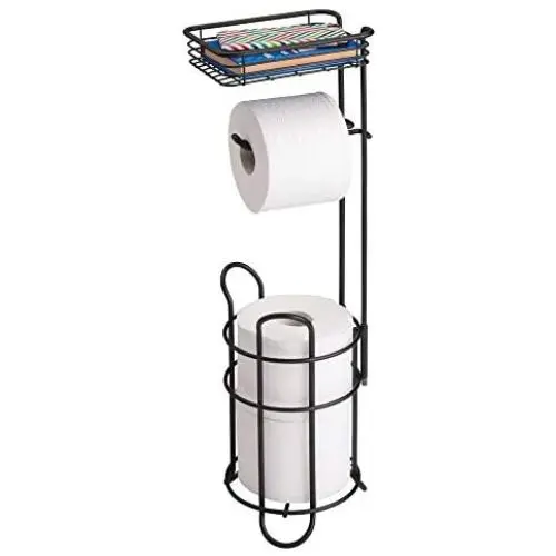 mDesign Freestanding Metal Wire Toilet Paper Roll Holder Stand and Dispenser with Storage Shelf for Cell, Mobile Phone - Bathroom Storage Organization - Holds 3 Mega Rolls - Matte Black