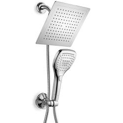 DreamSpa Ultra-Luxury 9'' Rainfall Shower Head/Handheld Combo. Convenient Push-Button Flow Control Button for easy one-handed operation. Switch flow settings with the same hand! Premium Chrome