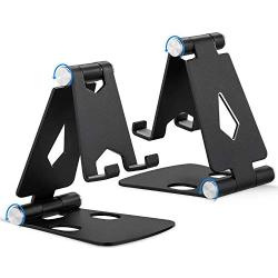 Foldable Phone Stand 2 Pack, Angle Height Adjustable Cell Phone Desk Holder, Portable Metal Aluminum, Mobile Phone Holder Cradle Dock with Non-Slip Base for iPhone, All Android Smartphone- Black