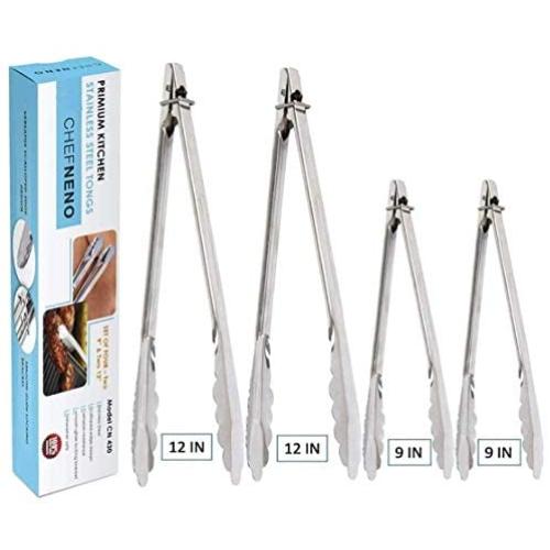 CHEFNENO Kitchen Food Tongs Heavy Duty Stainless Steel Utility Metal Tongs 12 Inch and 9 Inch for Cooking Grilling Barbecue BBQ and Serving Salad, 4 Pack