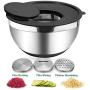 Benooa Stainless Steel Mixing Bowls Set with Airtight Lids Non-Slip Bottoms Nesting Bowls Measuring Spoons,3 Grater Attachments,Egg Whisk,Silicone Brush,Great for Mixing&Serving