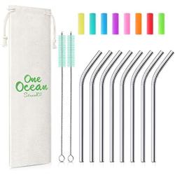 Teivio 8 Pack Short Stainless Steel Straws 6 inch Bent Metal Reusable Straws with Silicone Tips and Case, Cleaning Brush and Carry Bag for Cocktail Glasses, Small Cups