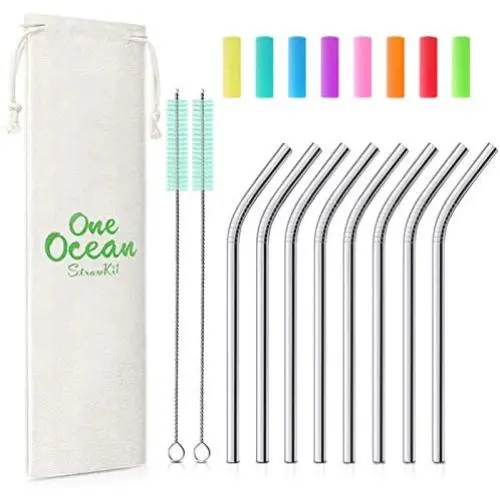 Teivio 8 Pack Short Stainless Steel Straws 6 inch Bent Metal Reusable Straws with Silicone Tips and Case, Cleaning Brush and Carry Bag for Cocktail Glasses, Small Cups