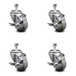 Polyurethane Swivel Threaded Stem Caster Set of 4 w/3'' x 1.25'' Gray Wheels and 1/2'' Stems - Includes 4 with Top Lock Brakes - 1000 lbs Total Capacity - Service Caster Brand