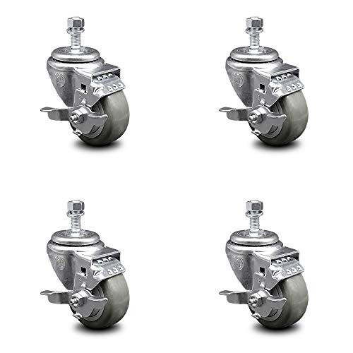 Polyurethane Swivel Threaded Stem Caster Set of 4 w/3'' x 1.25'' Gray Wheels and 1/2'' Stems - Includes 4 with Top Lock Brakes - 1000 lbs Total Capacity - Service Caster Brand