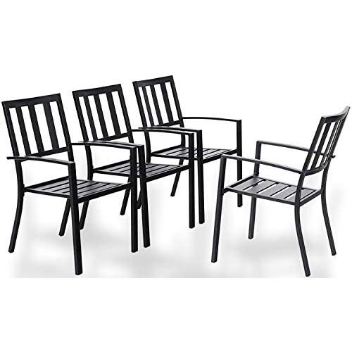 PHI VILLA Outdoor Patio Steel Frame Slat Seat Dining Arm Chairs Set of 4 for Garden,Backyard - Black